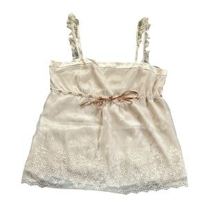 NU Paris Silk Babydoll Camisole Top Cream Floral Embroidery Y2K Fairycore Size 8